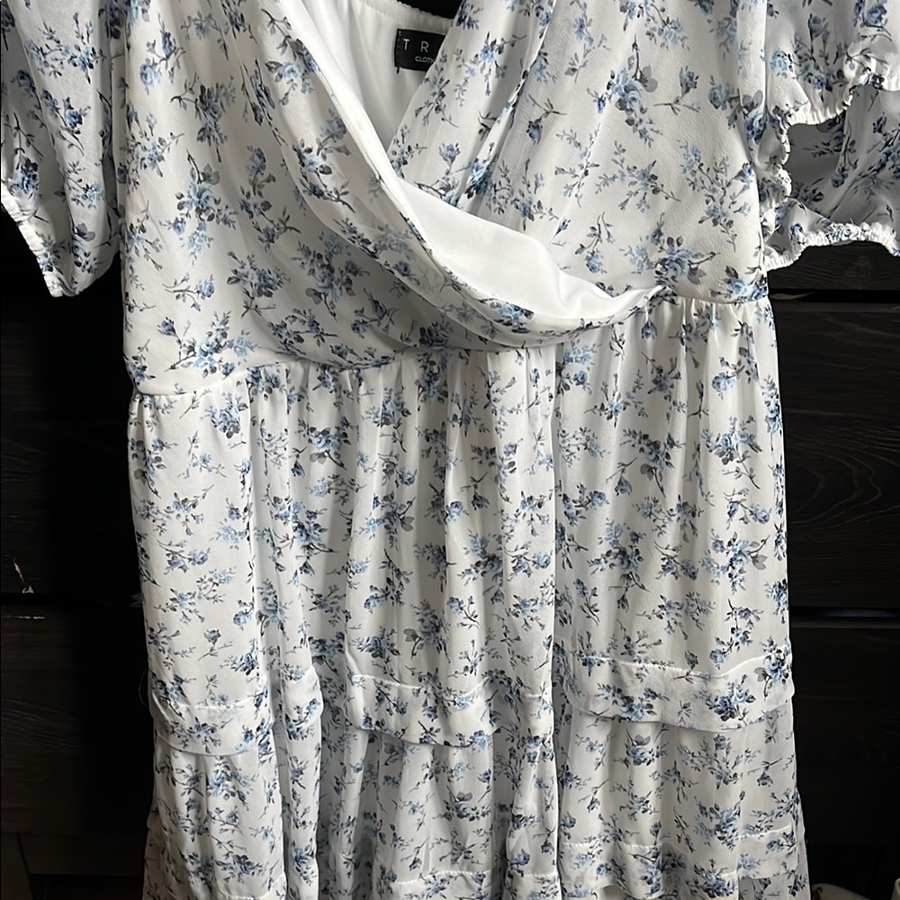 TRF Floral Wrap Dress - White and Blue